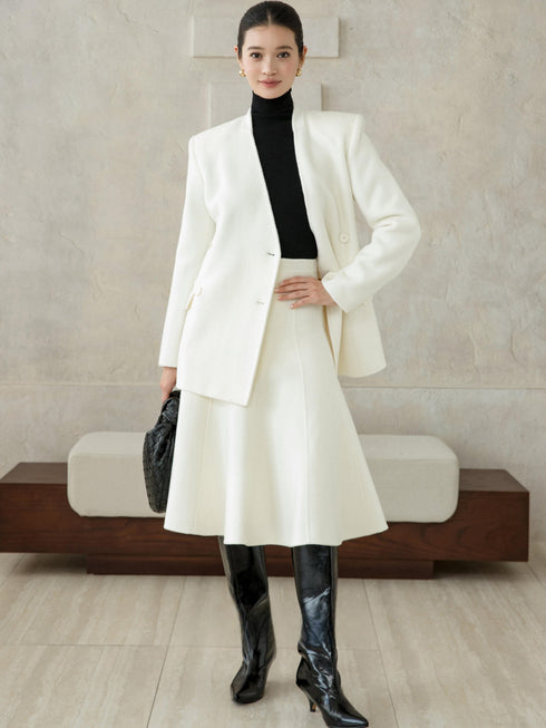 Wool V-Neck Jacket & Skirt Set